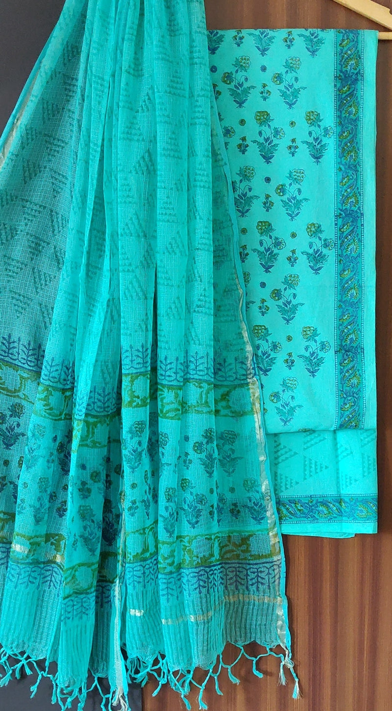 Hand Block Print Fabric, Cotton Suit With Kota Doria Dupatta