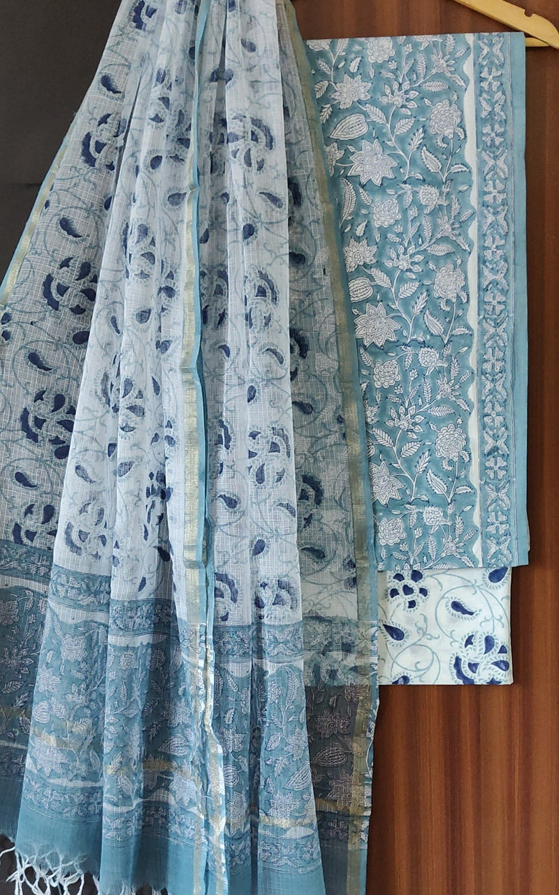 Hand Block Print Fabric, Cotton Suit With Kota Doria Dupatta