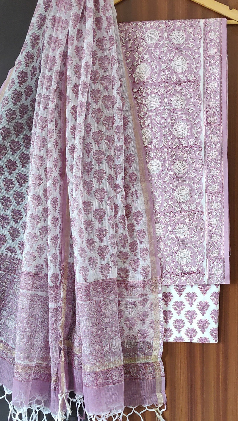 Hand Block Print Fabric, Cotton Suit With Kota Doria Dupatta