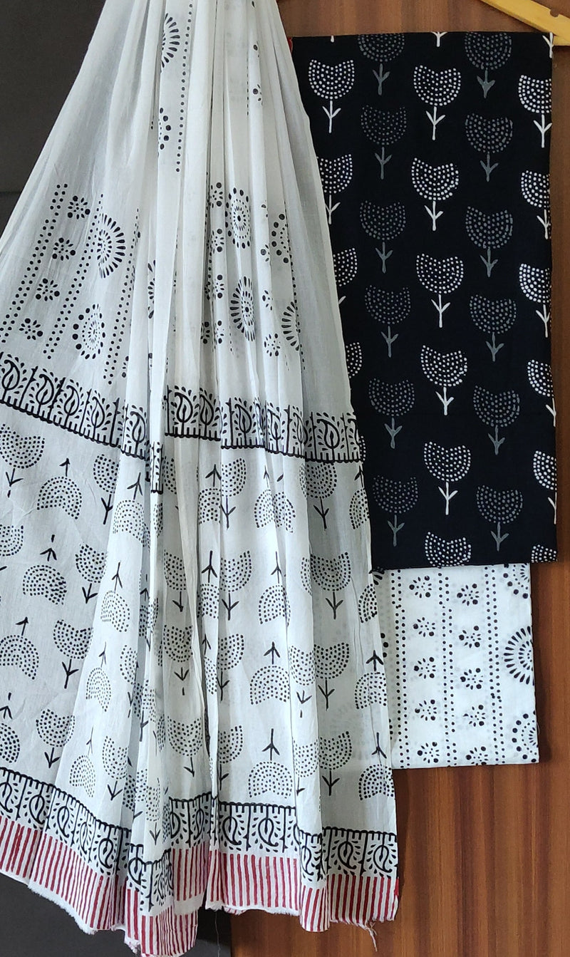 Hand Block Print Cotton Suit With Mulmul Dupatta