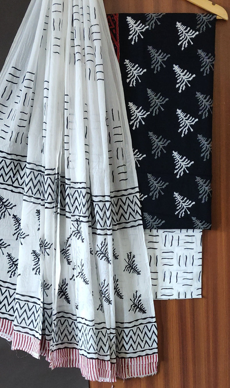 Hand Block Print Cotton Suit With Mulmul Dupatta