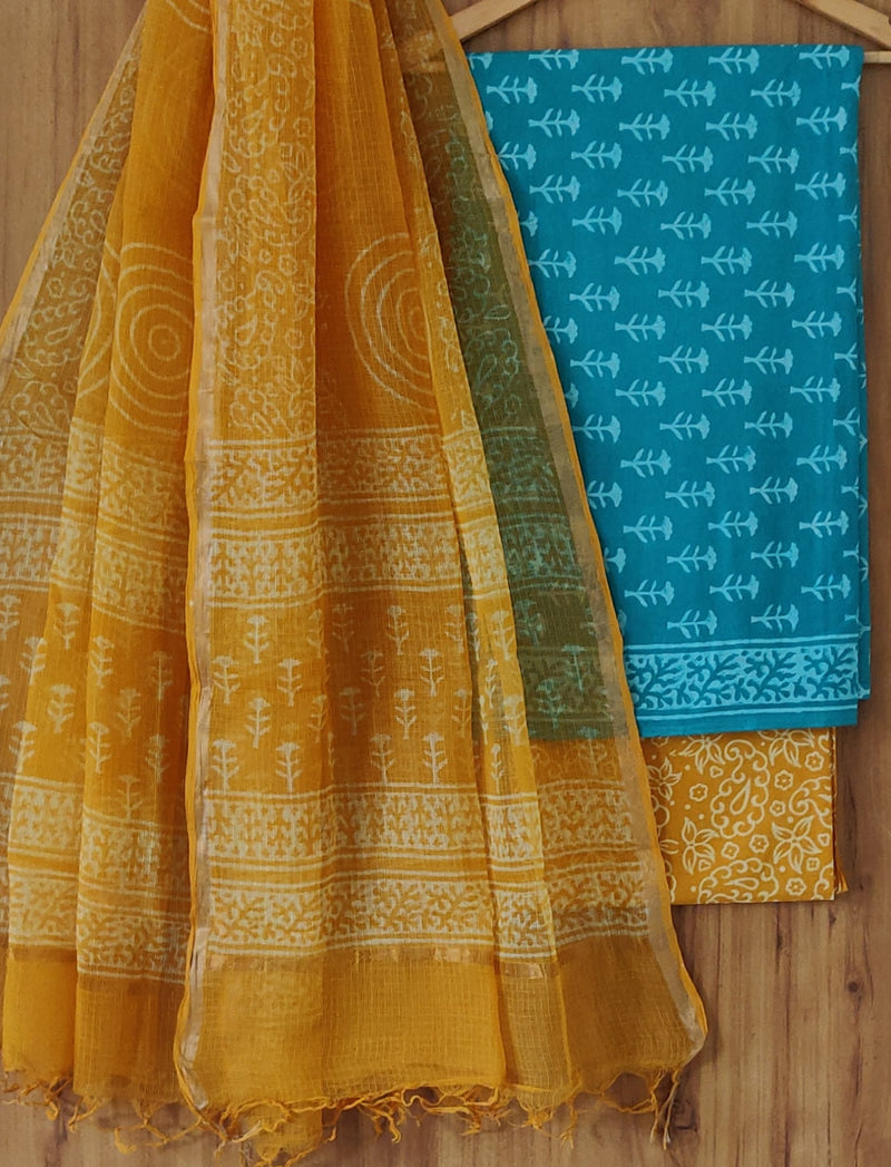 Hand Block Print Cotton Suit Sets With Kota Doria Dupatta