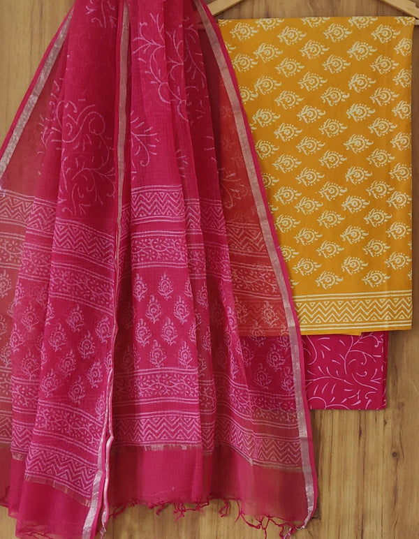 Hand Block Print Cotton Suit Sets With Kota Doria Dupatta