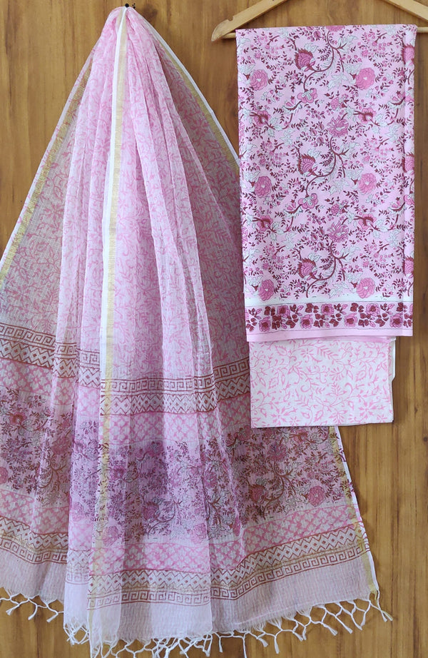 Hand Block Print Fabric, Cotton Suit With Kota Doria Dupatta