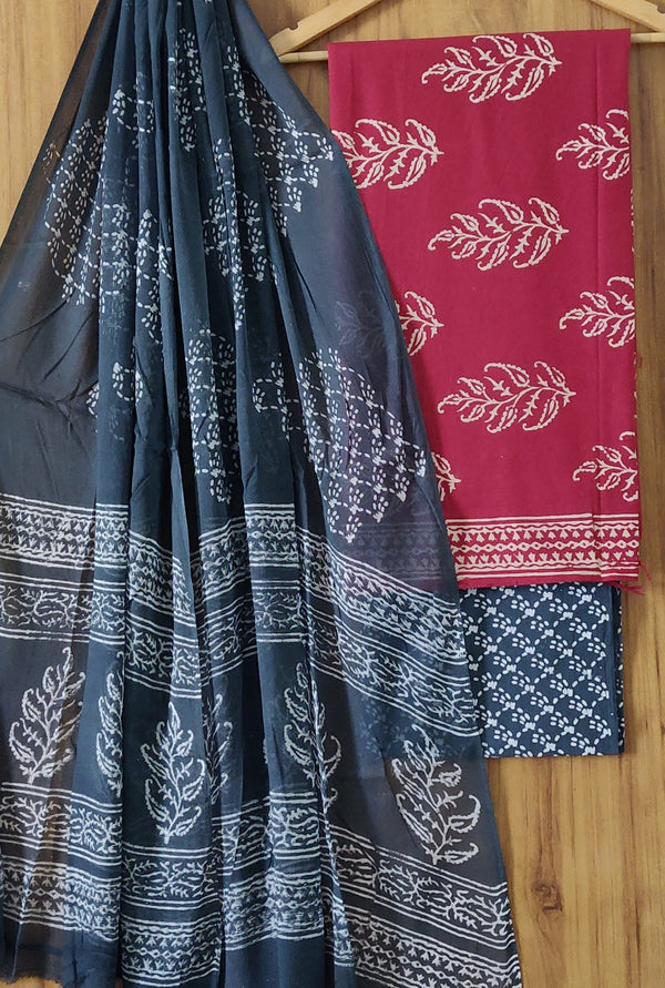 Hand Block Discharge Printed Cotton Suit With Chiffon Dupatta