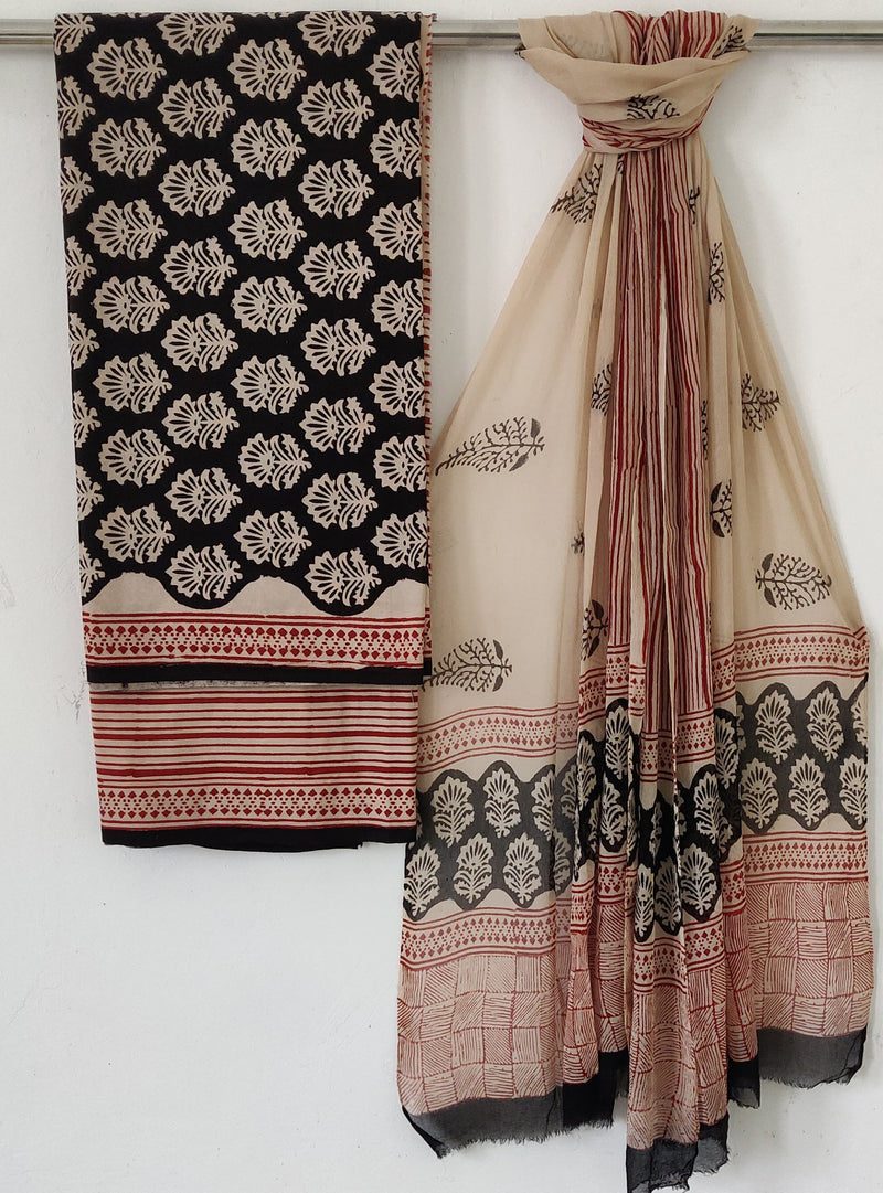Hand Block Print Cotton Suit Sets With Chiffon Dupatta