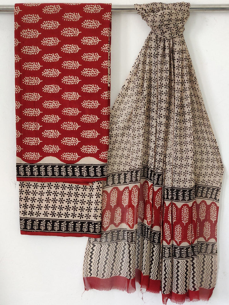 Hand Block Print Cotton Suit With Chiffon Dupatta