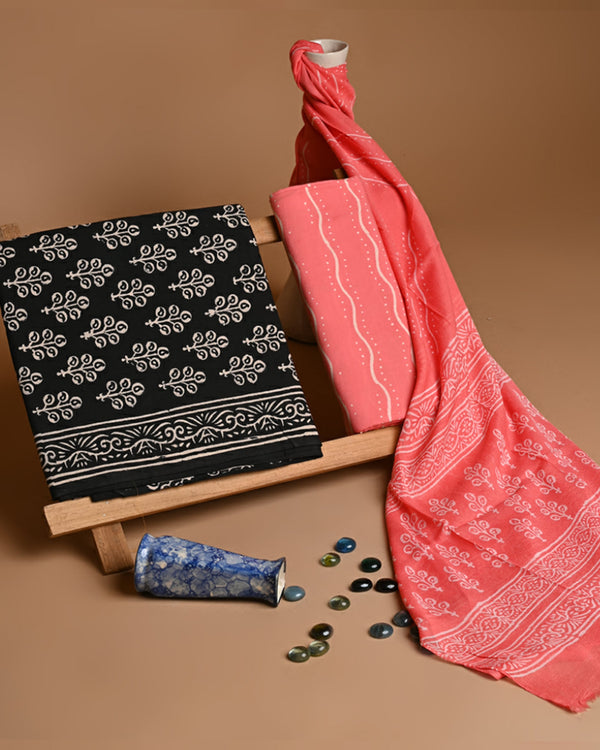 Hand Block Print Cotton Suit With Chiffon Dupatta