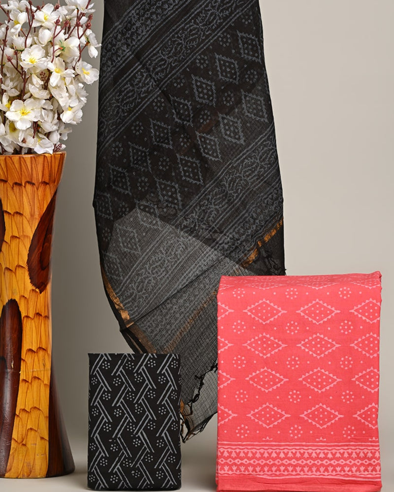 Hand Block Print Cotton Suit With Kota Doria Dupatta