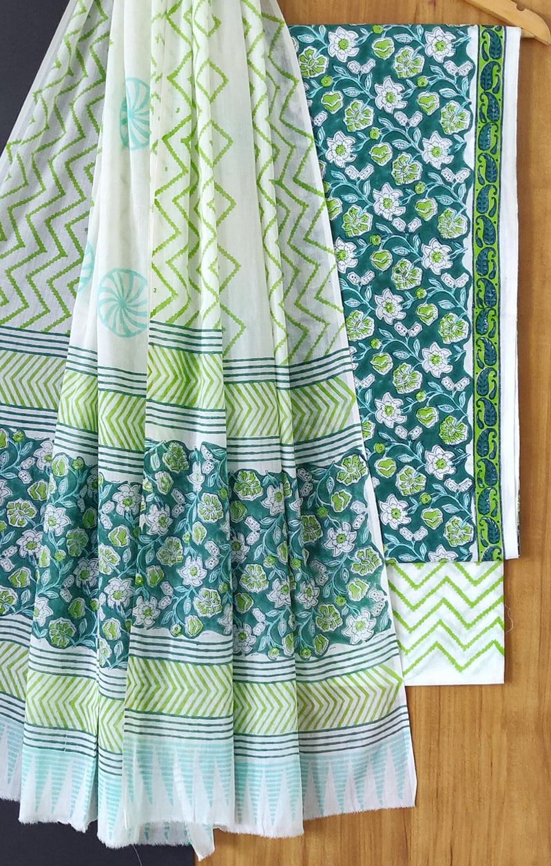 Hand Block Printed Cotton Suit With Cotton Dupatta