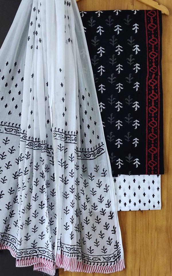 Black & White Hand Block Printed Cotton Suit With Premium Kota Doria Dupatta